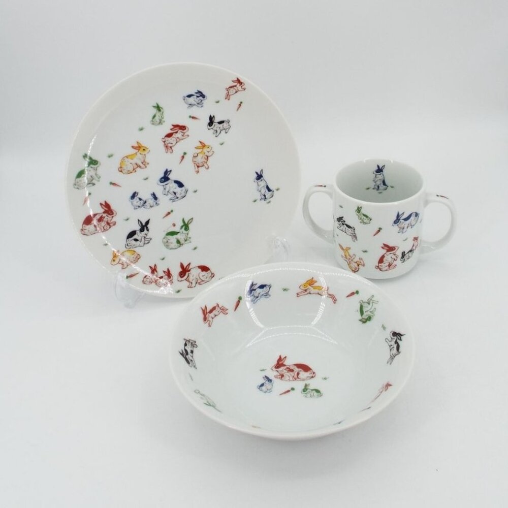 Vintage 1984 Taitu Japan Ceramic 3-Piece Bunny Rabbit Set - Plate, Bowl, Cup